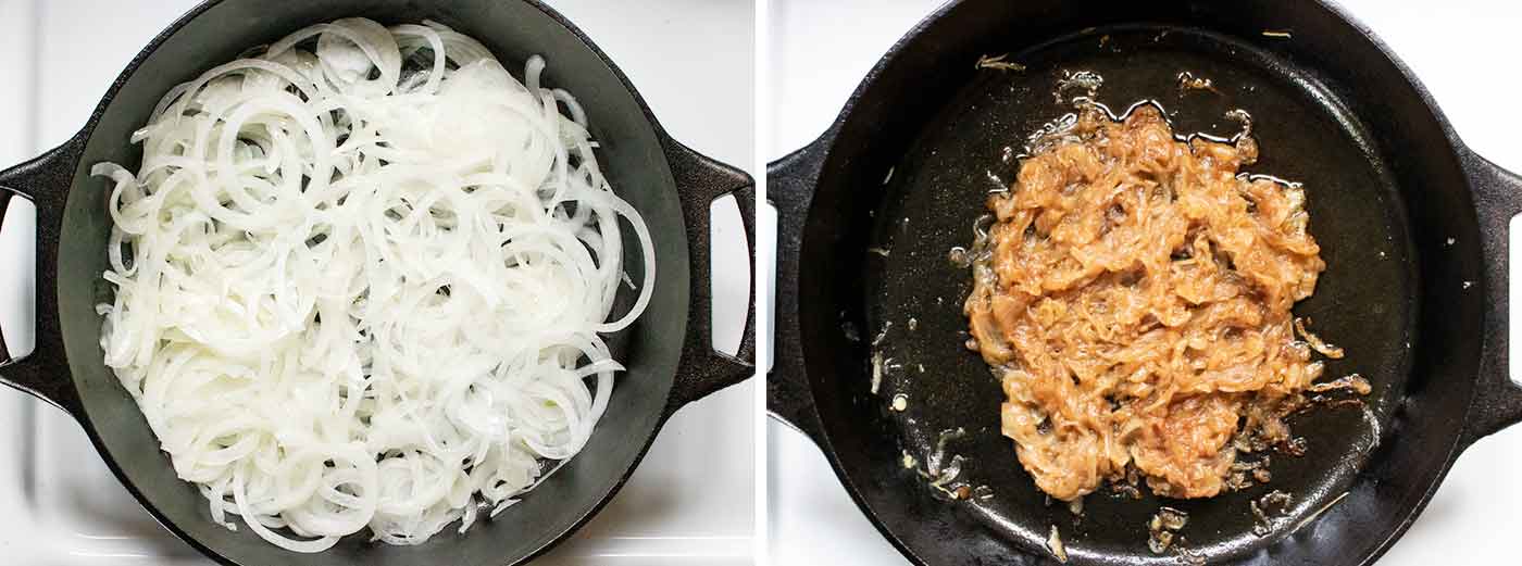 A photo duo of onions cooking in a cast iron pan.