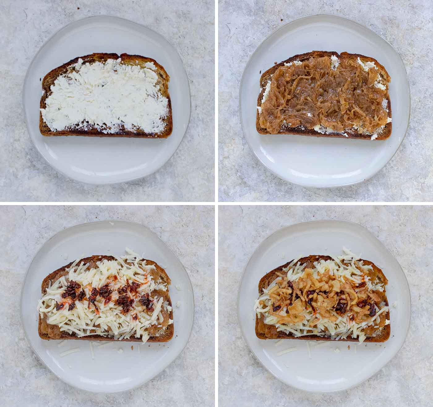 A photo collage showing four views of assembling the fried toast: the cheese spread, the caramelized onions, the Gruyere cheese, and crispy fried onions.