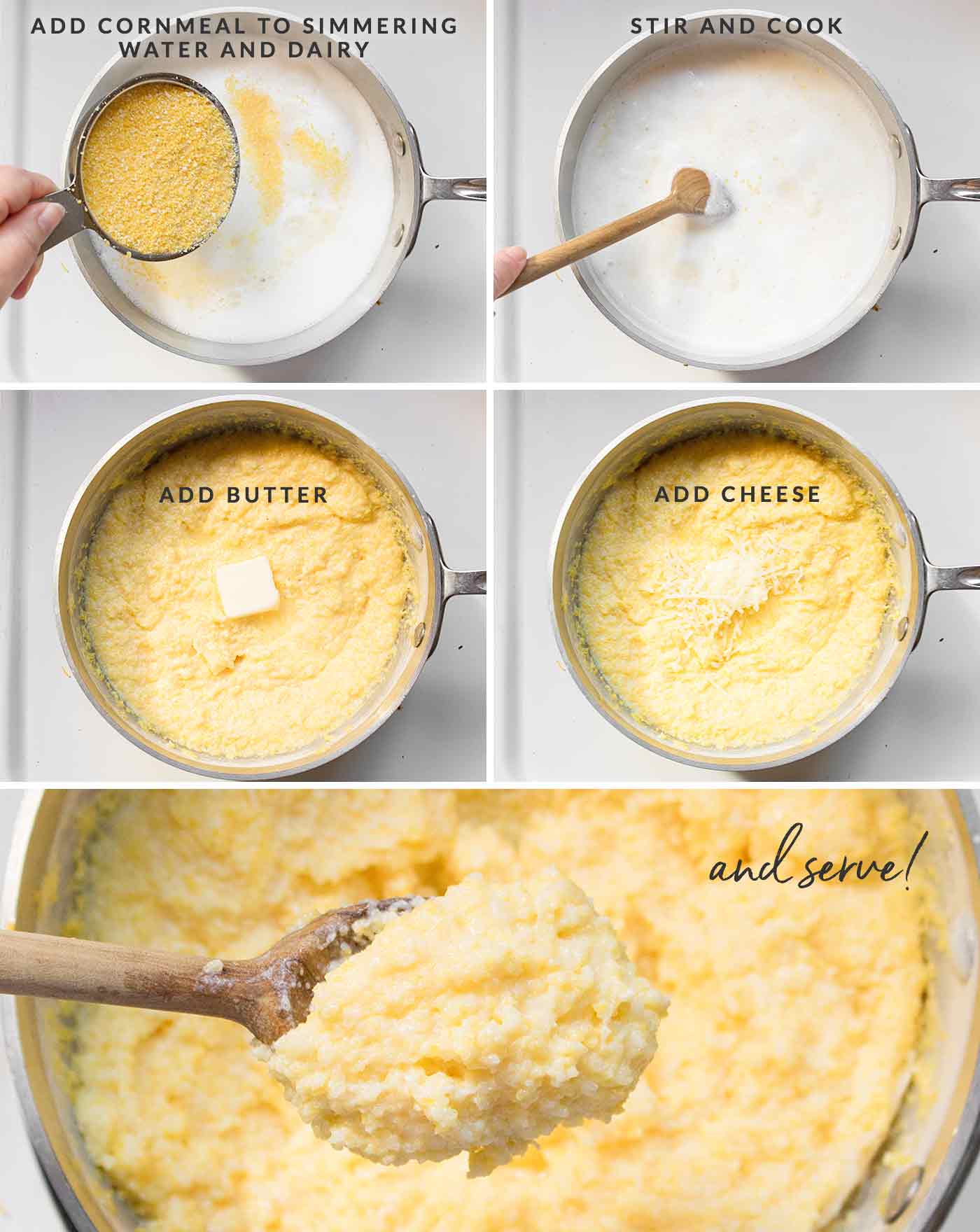 Step by step photos showing how to make cheese grits