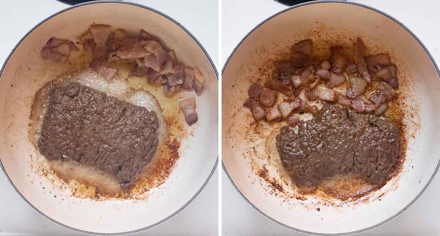 Photo duo of bacon and the beef patties cooking in the soup pot.