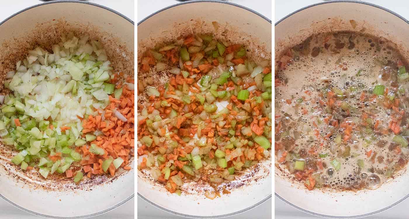 A photo trio showing the aromatic veggies cooking in the pot, plus deglazing the pan with the beer.