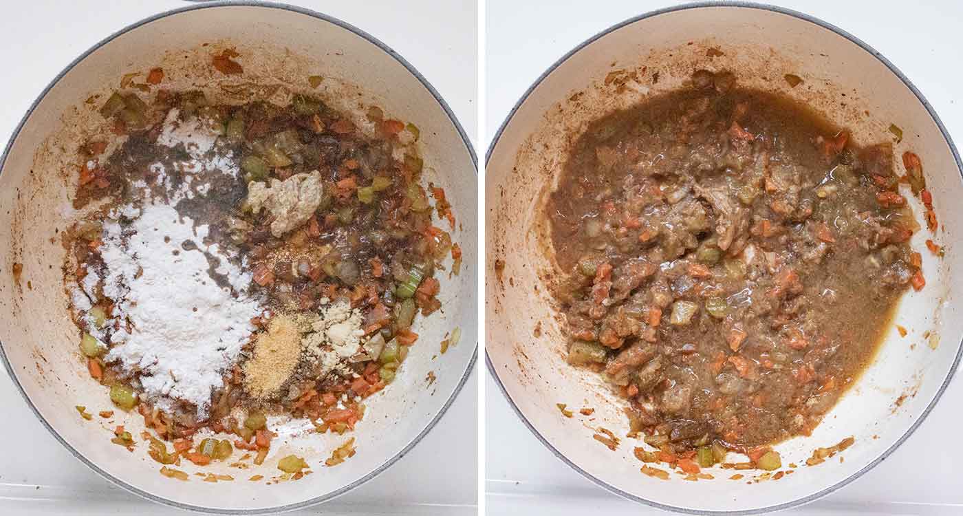 A photo duo showing adding the flour and seasonings needed to thicken the soup as it cooks.