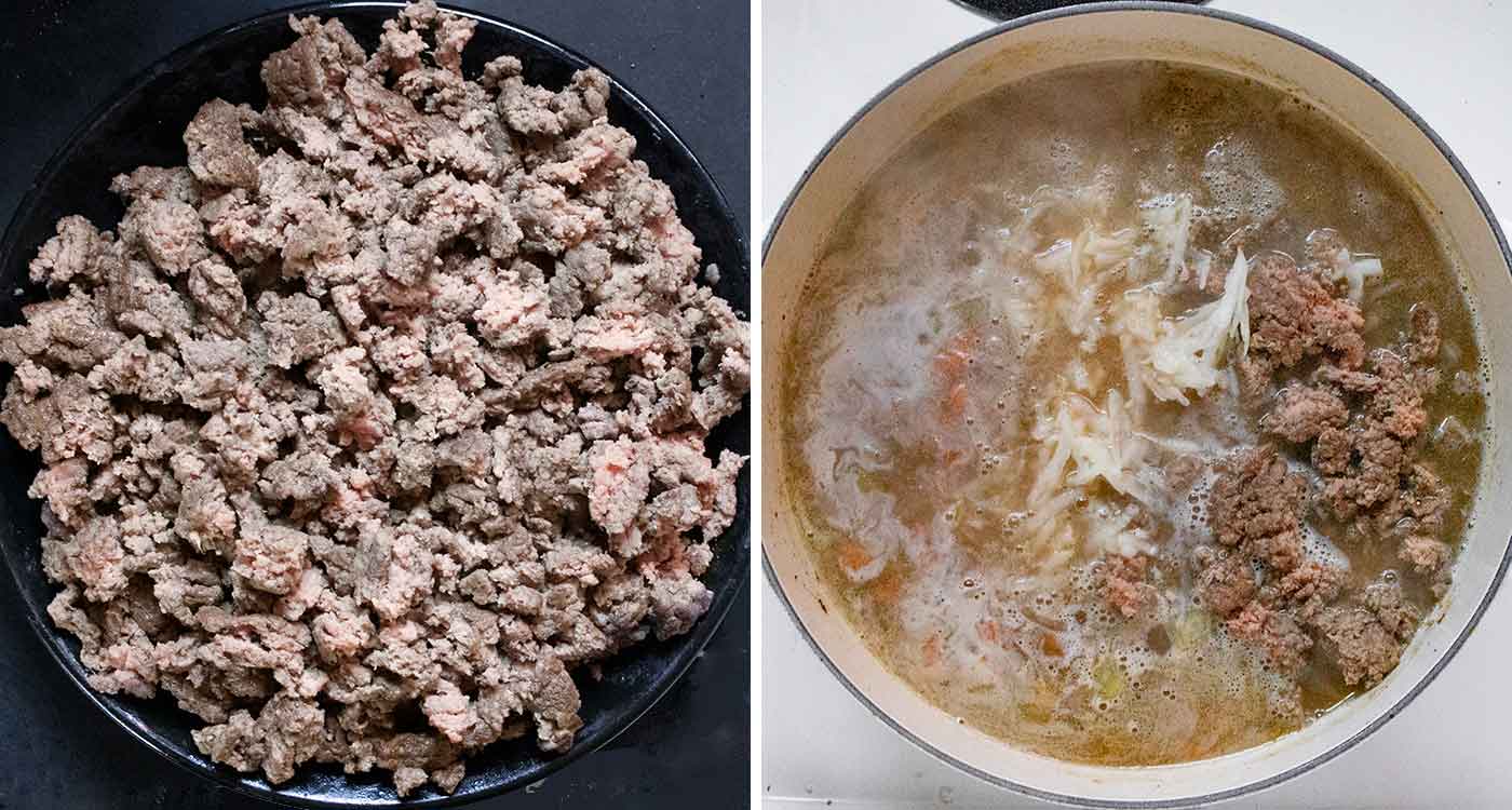 A photo duo showing adding the seared, chopped beef to the soup.