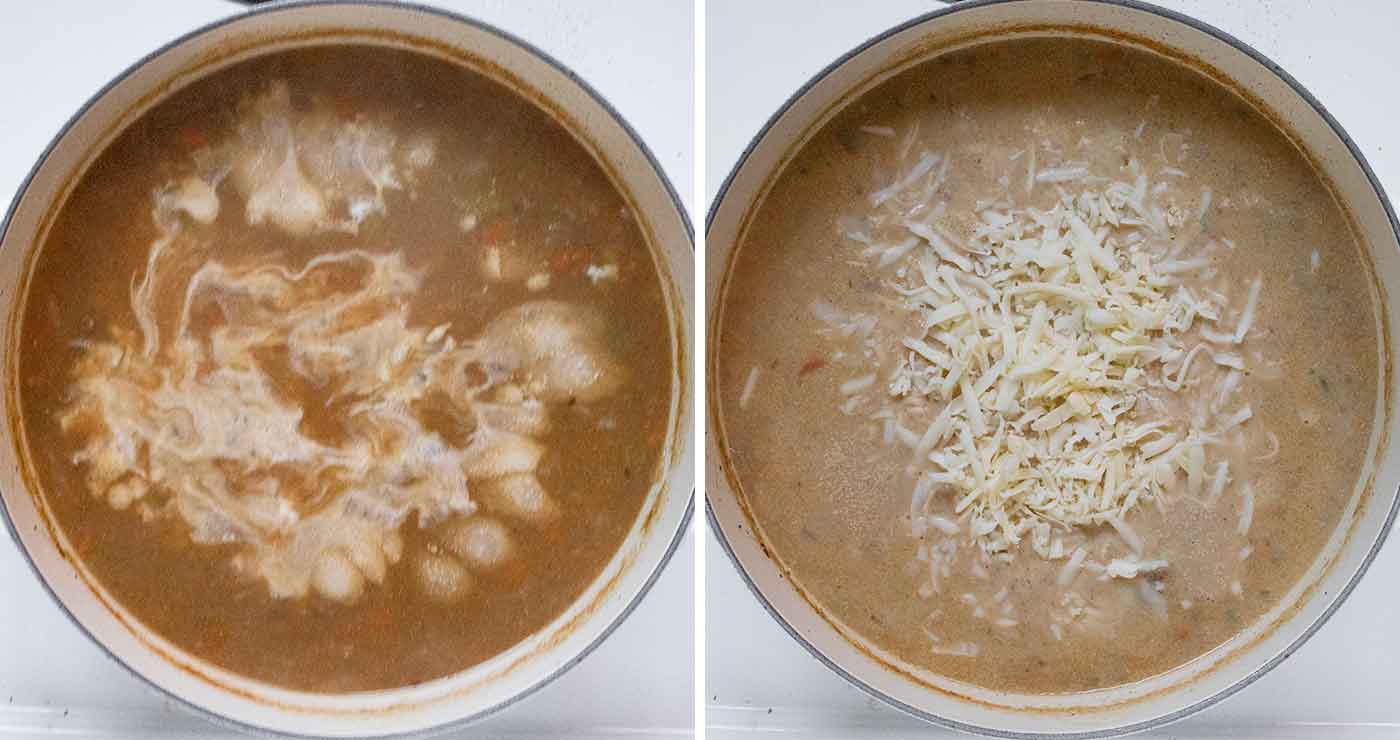 Finishing the soup by adding dairy and cheese.