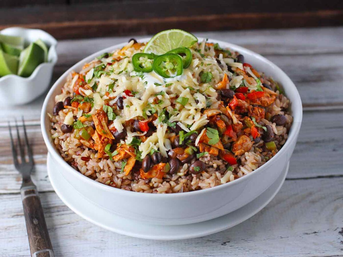 Angled view of a large Chicken Enchilada Bowl.