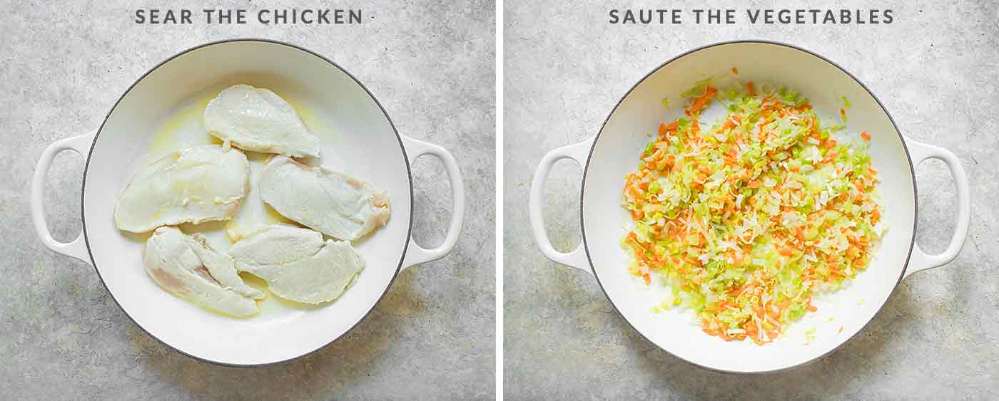 The first steps for preparing Chicken and Dumplings: Sear the chicken, then saute the vegetables.