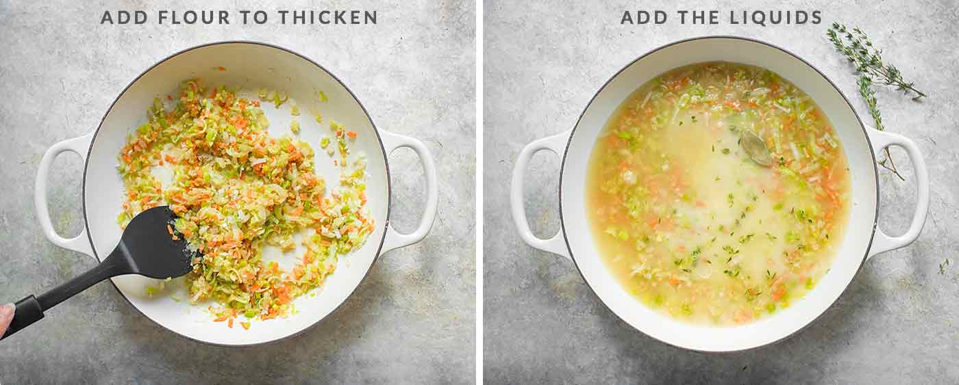 Continue making Chicken and Dumplings: add flour to the vegetables to thicken, followed by the soup liquids.
