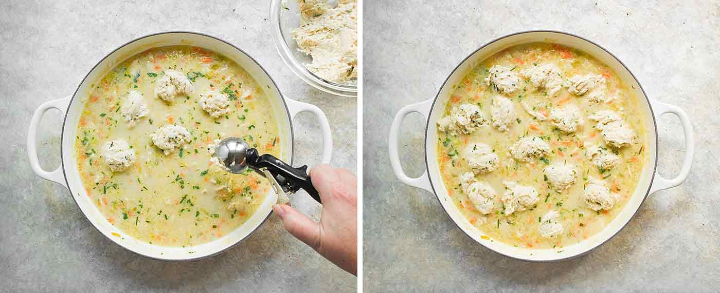 Scoop the dumpling dough into the chicken and cook until doubled and fluffy.