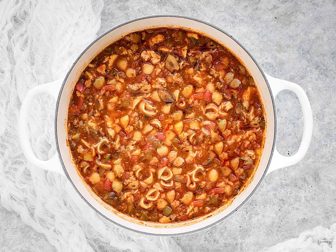 Chicken Chili Soup in a large, white Dutch oven.