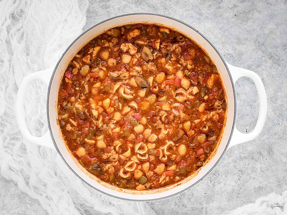 Chicken Chili Soup in a white Dutch oven.