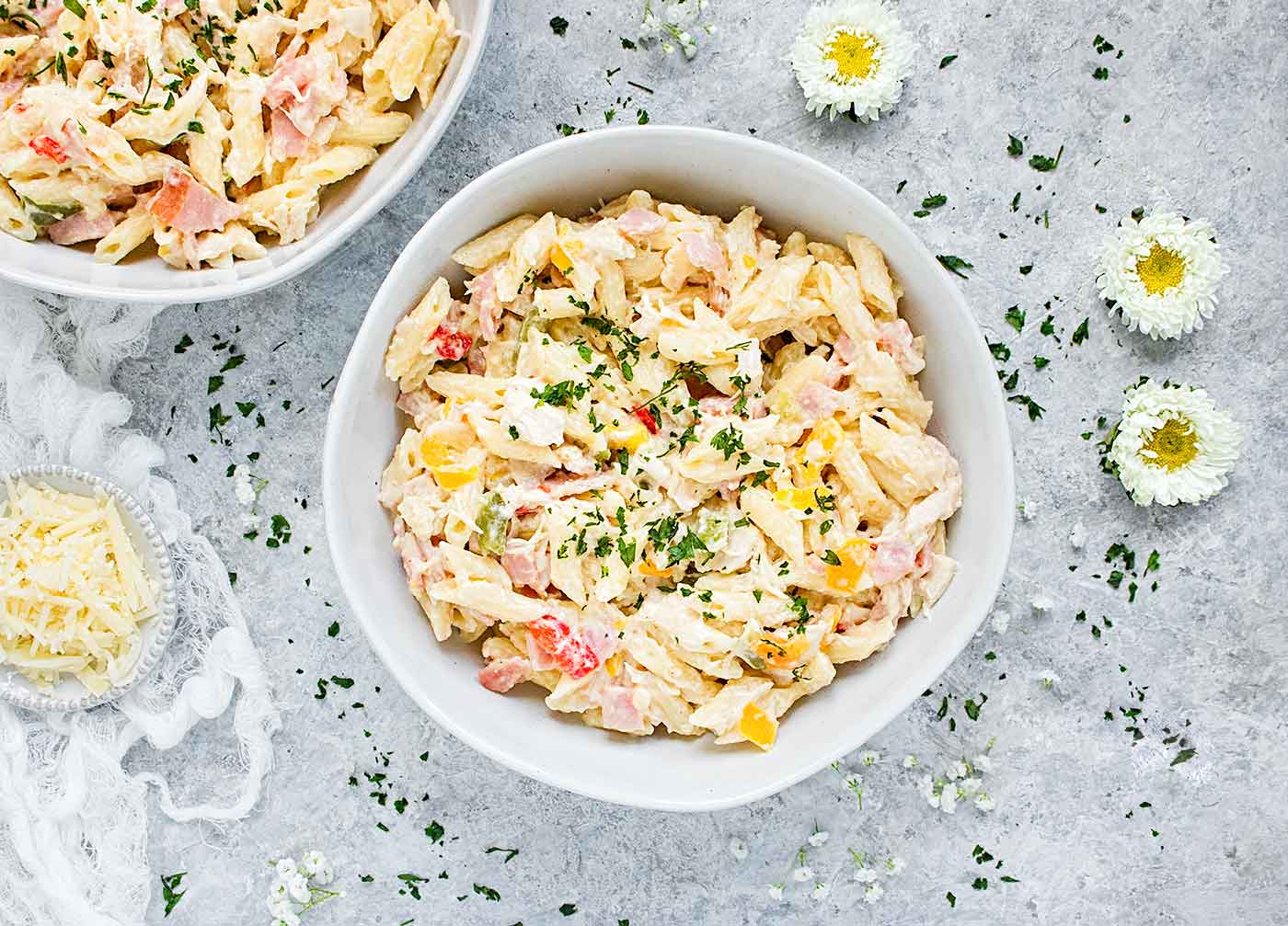 Close-up of a bowl of Chicken Cordon Bleu Pasta