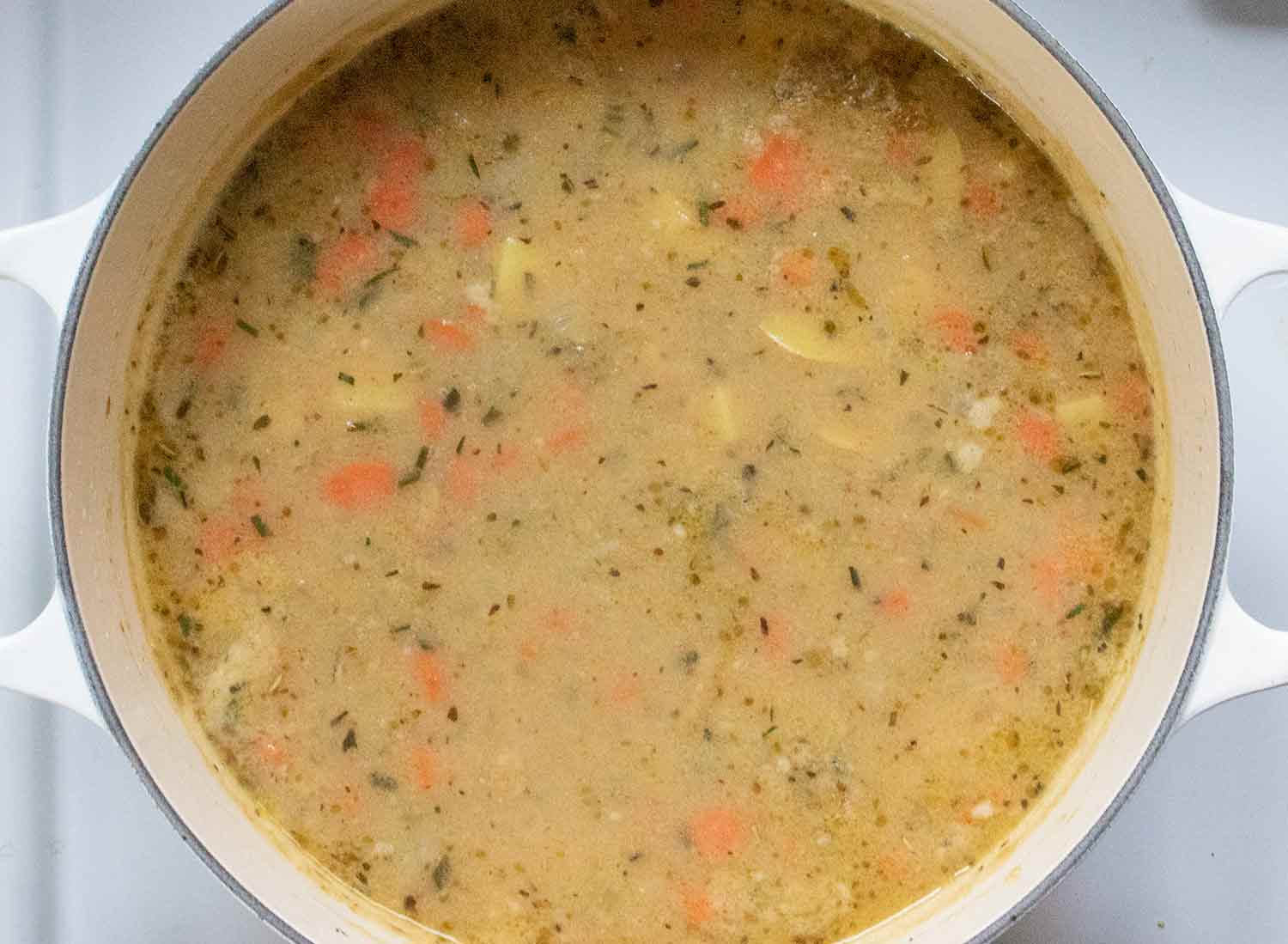 Soup broth simmering.
