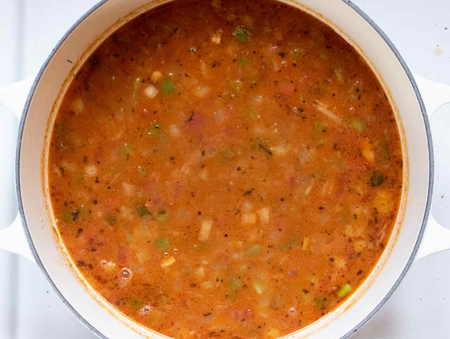Step 3: Soup simmering in a Dutch oven.