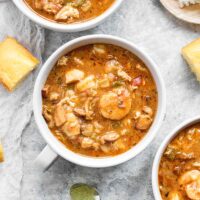 Close-up of a bowl of Chicken Seafood & Sausage Gumbo