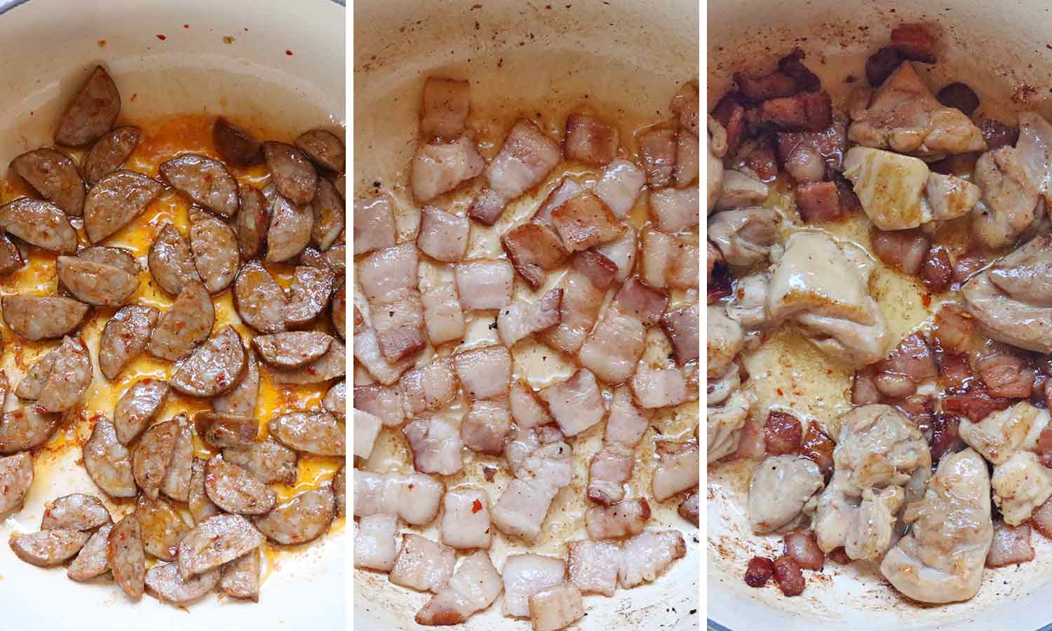 Visual steps for cooking the meats.