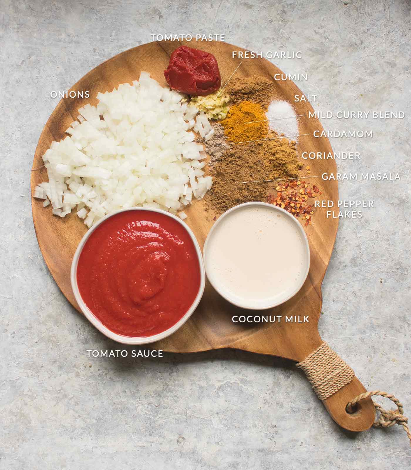Ingredients for the masala sauce on a wooden board