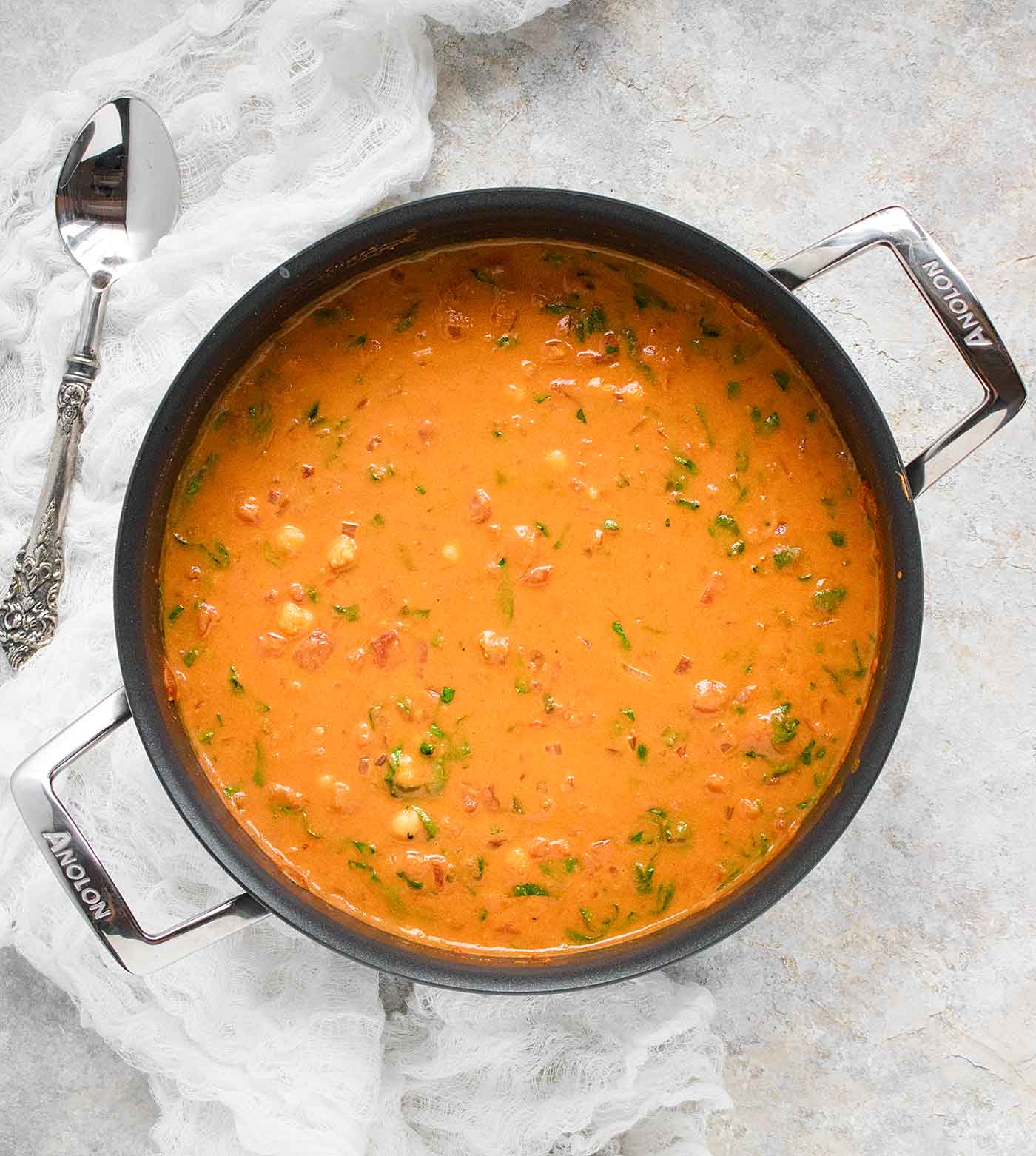 Pot of chickpea peanut stew, ready to serve