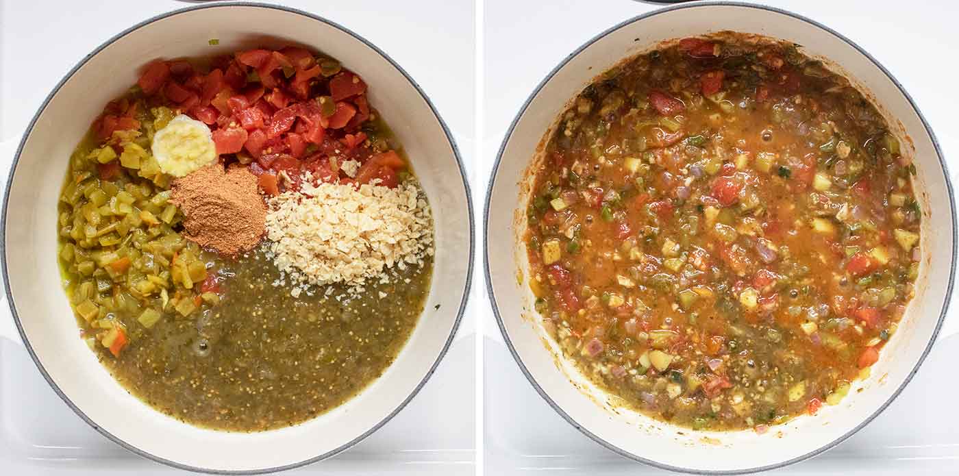 Photo duo showing mixing in the tomatoes and seasonings.