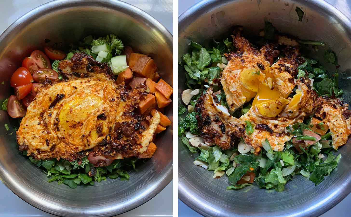 Chili Crisp Fried Egg topping a green salad.