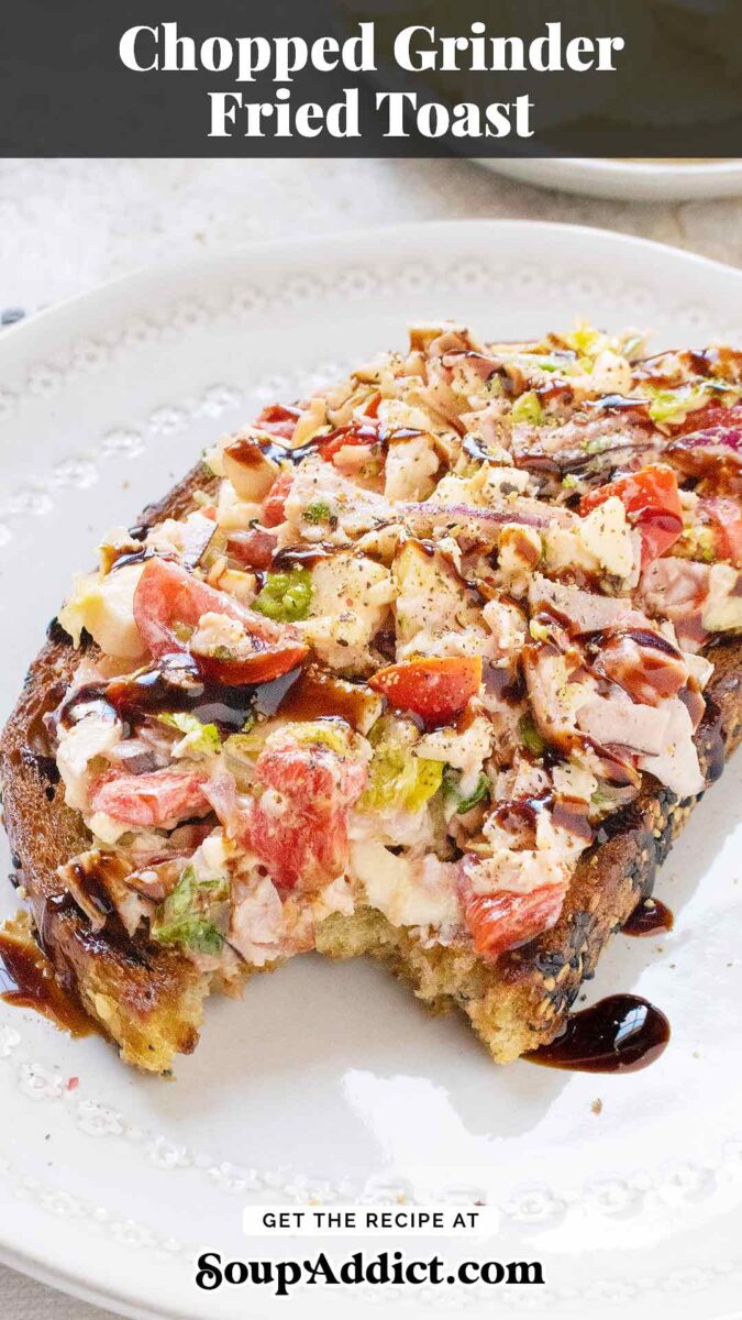 Pinterest pin image featuring a Chopped Grinder Fried Toast on a gray plate.