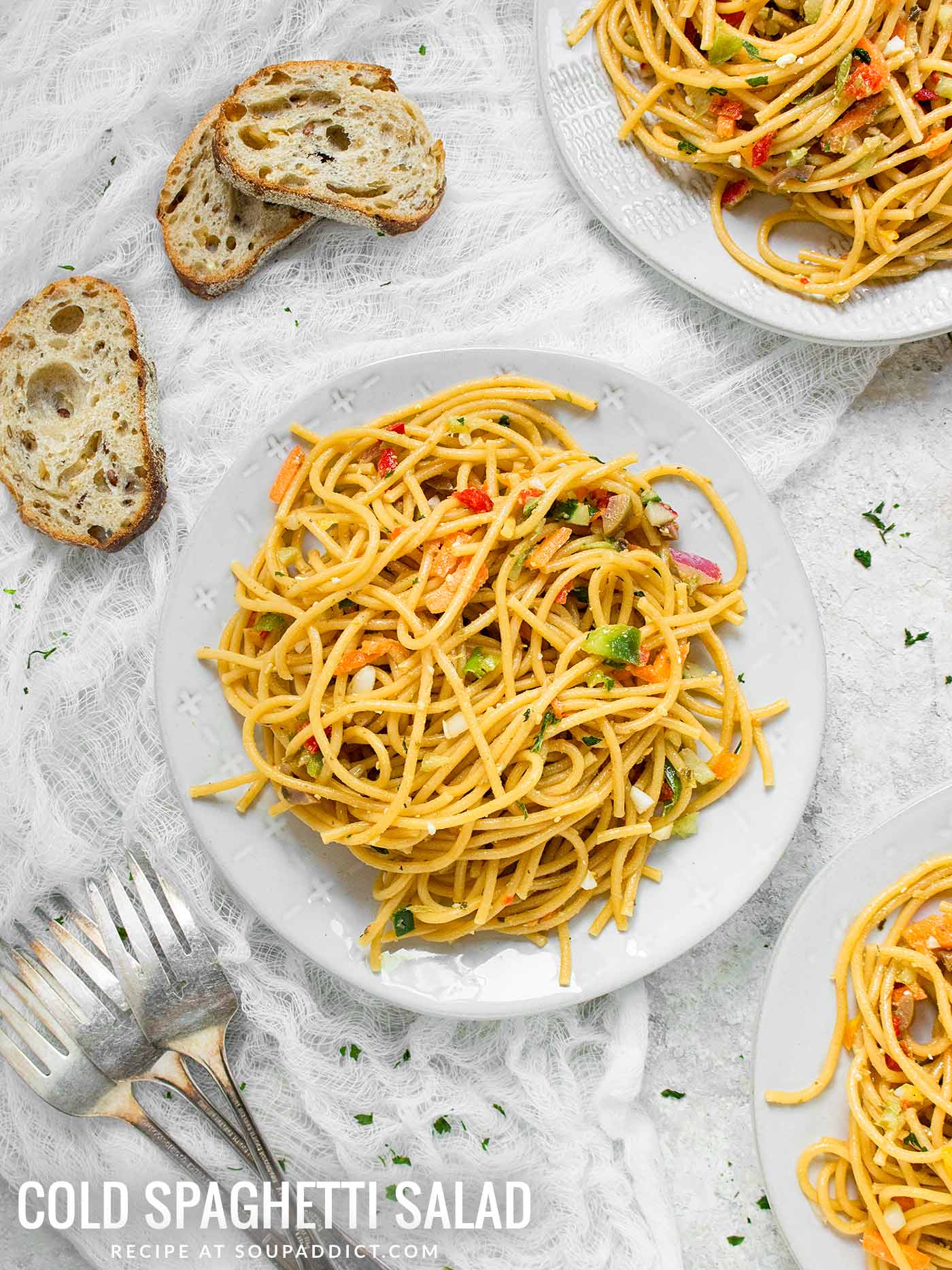 Close-up of a plate of cold spaghetti salad