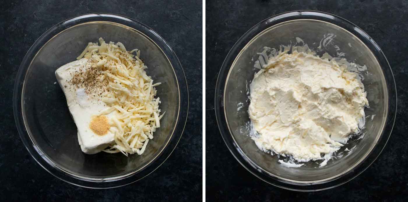 Step 1: cream the cheeses together, along with the seasonings until creamy and pliable.