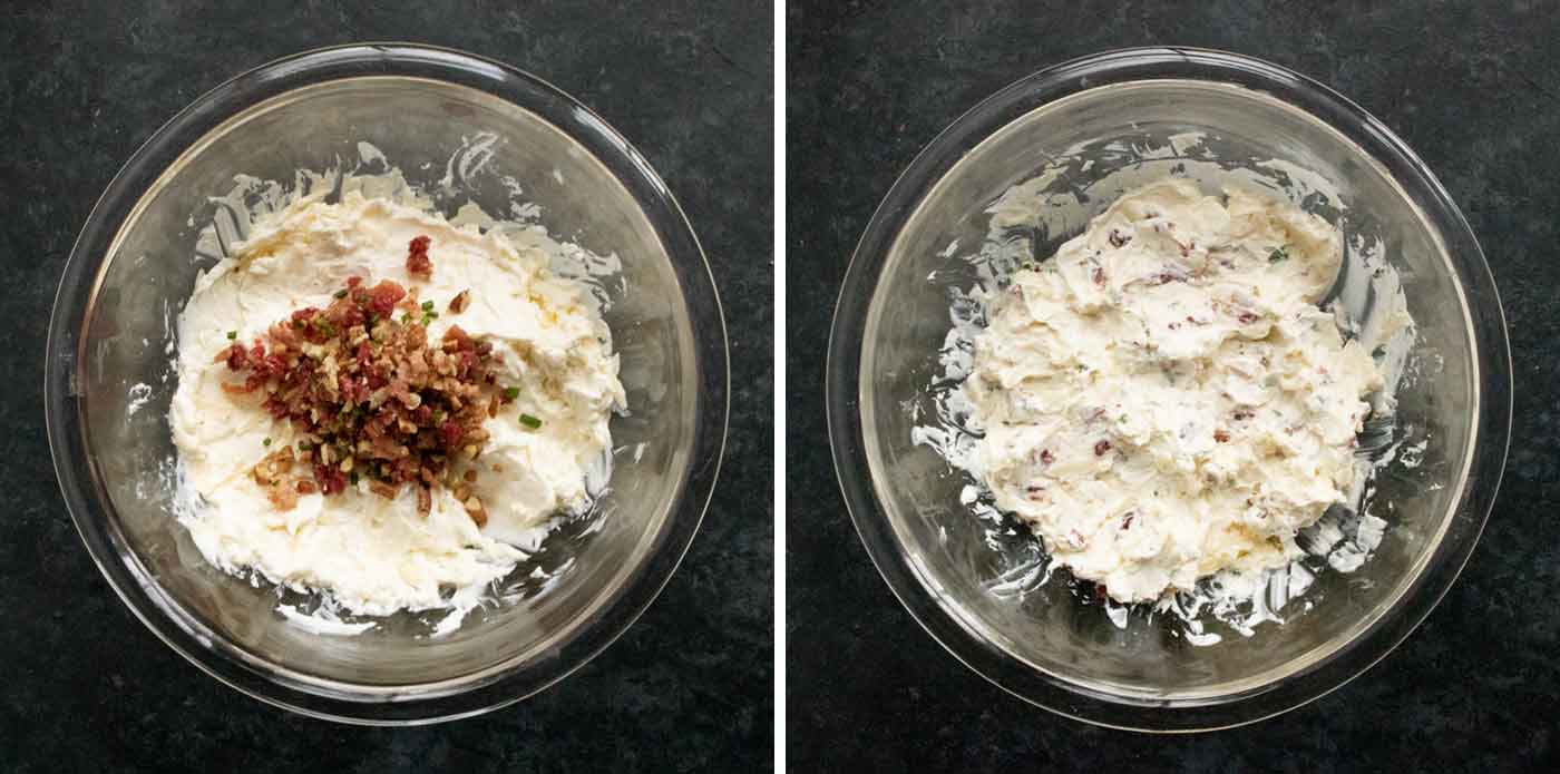 Step 2: two photos showing mixing in some of the topping ingredients to add extra flavor to the cream cheese.