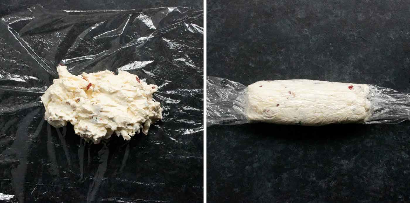 Step 3: Two photos showing forming a log from the cream cheese mixture in a sheet of cling wrap.