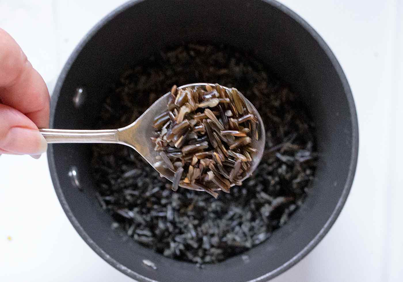 Close-up of a spoonful of cooked rice over the pot on the stove.