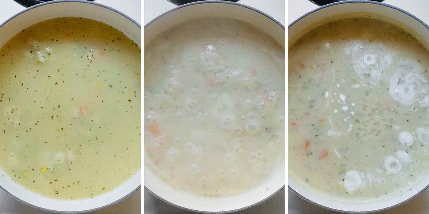 A collage of photos showing adding liquids to the soup.