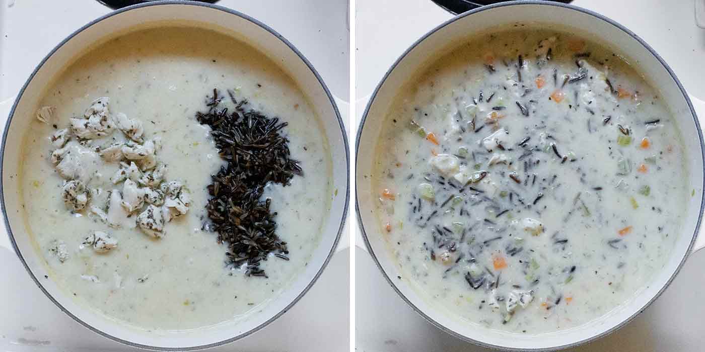 A photo duo showing adding the chicken and wild rice to the soup.