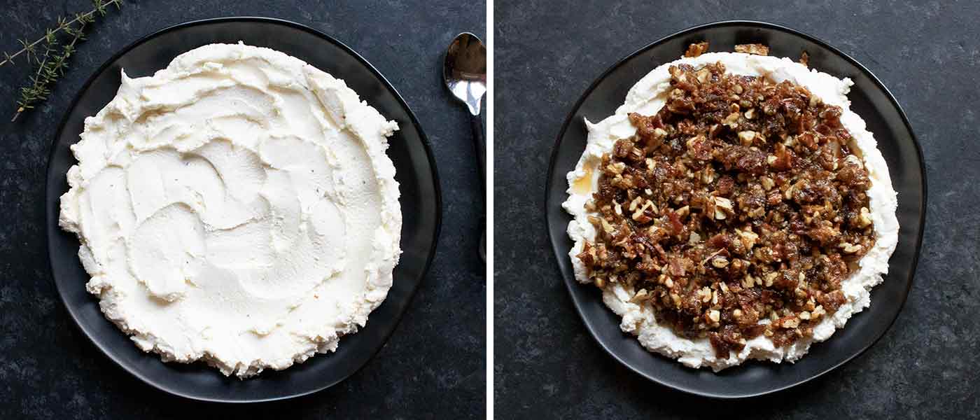 Step 4: a duo of photos showing the creamy cheese mixture spread on a plate, and then topped with the bacon mixture.