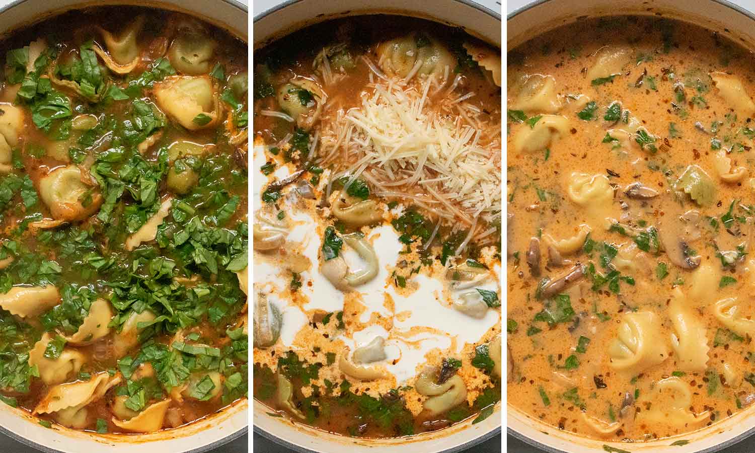 Step 3 - adding the finishing touches to the soup, including the spinach, cream, and cheese.