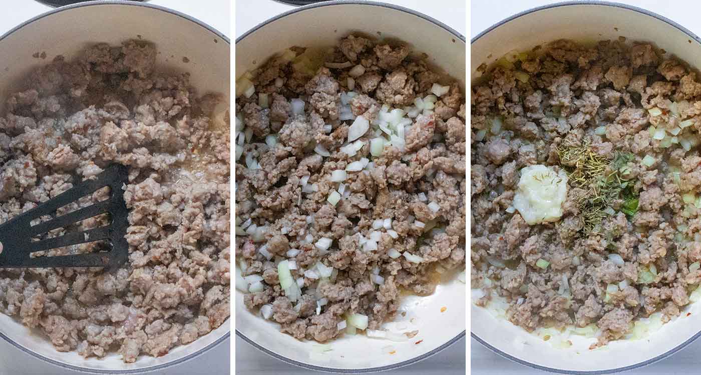 A photo trio showing cooking the sausage and the aromatics.