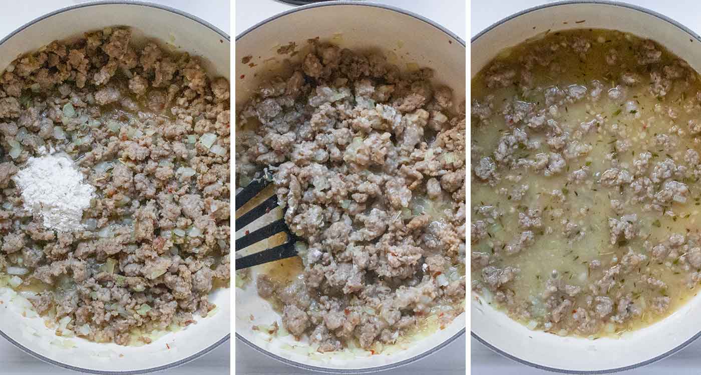 A photo trio showing the start of making the soup base, that will thicken over time.