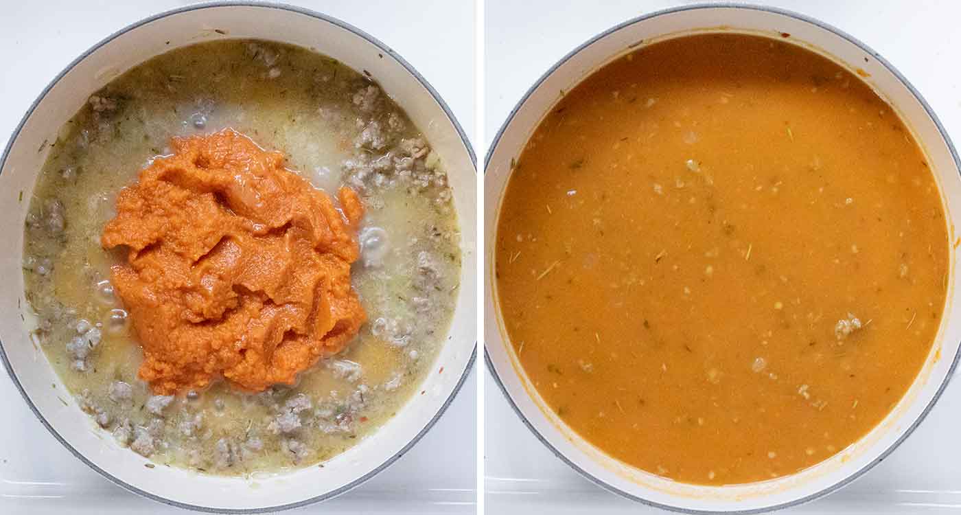 A photo duo showing adding the pumpkin puree and broth.
