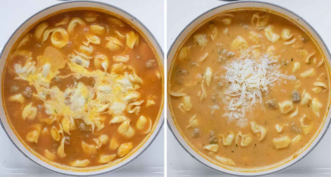 A photo duo showing adding the dairy and cheeses to finish the soup.
