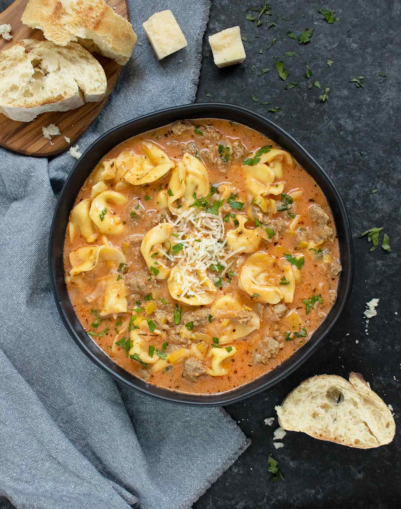 Creamy Tortellini Soup in a bowl.
