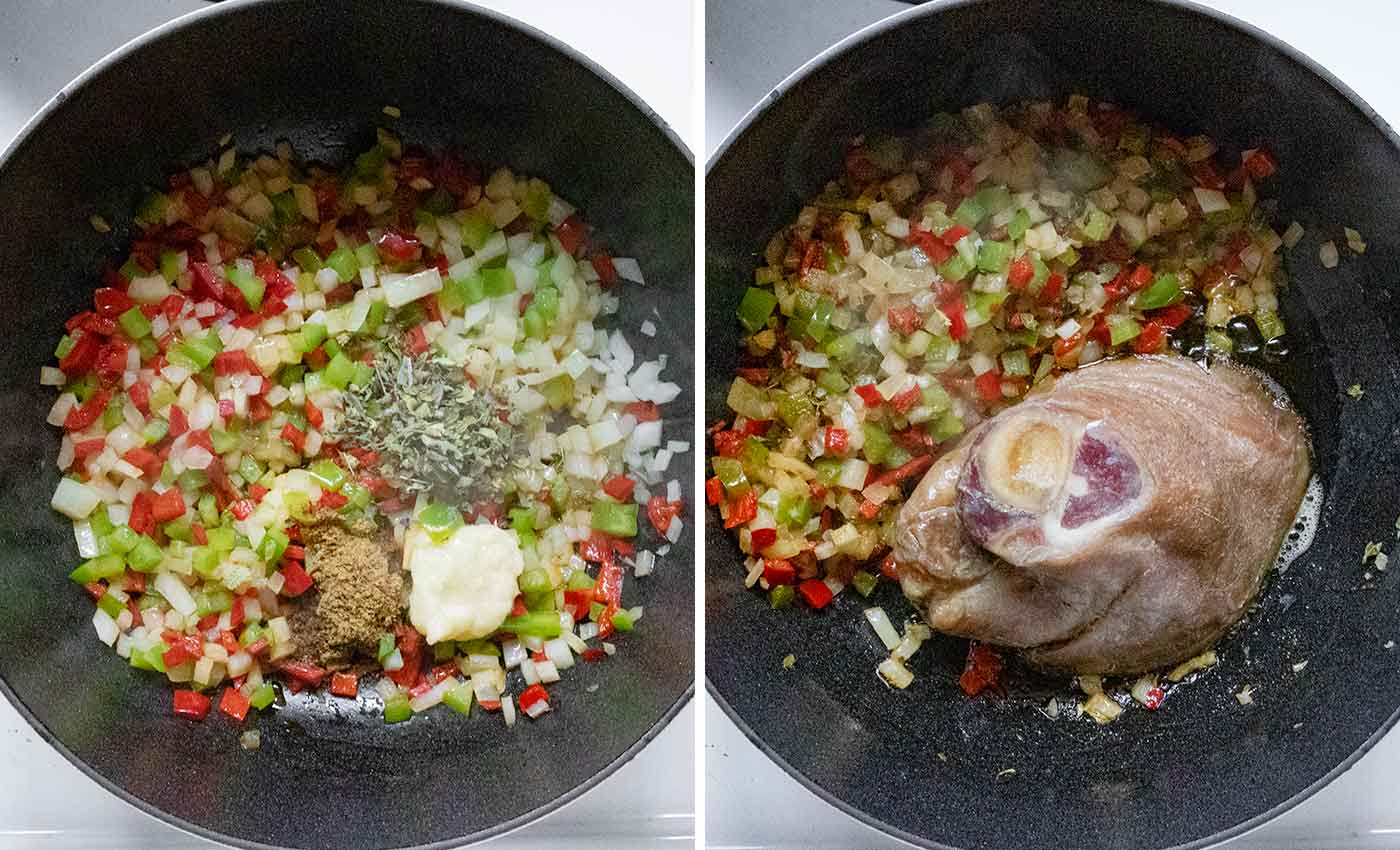A photo duo showing sauteing the aromatics and searing the ham hock.