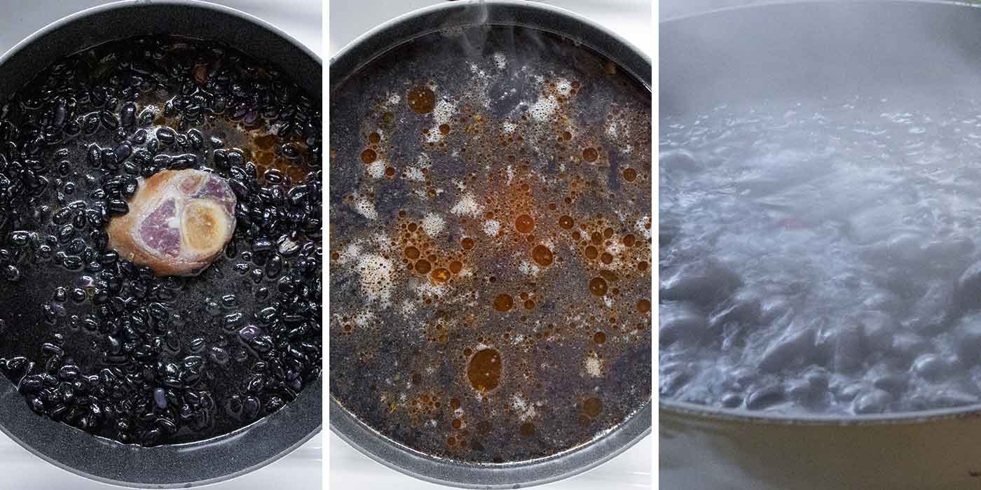 A photo trio of step 3, showing the beans in the pot and the liquids coming up to a boil.