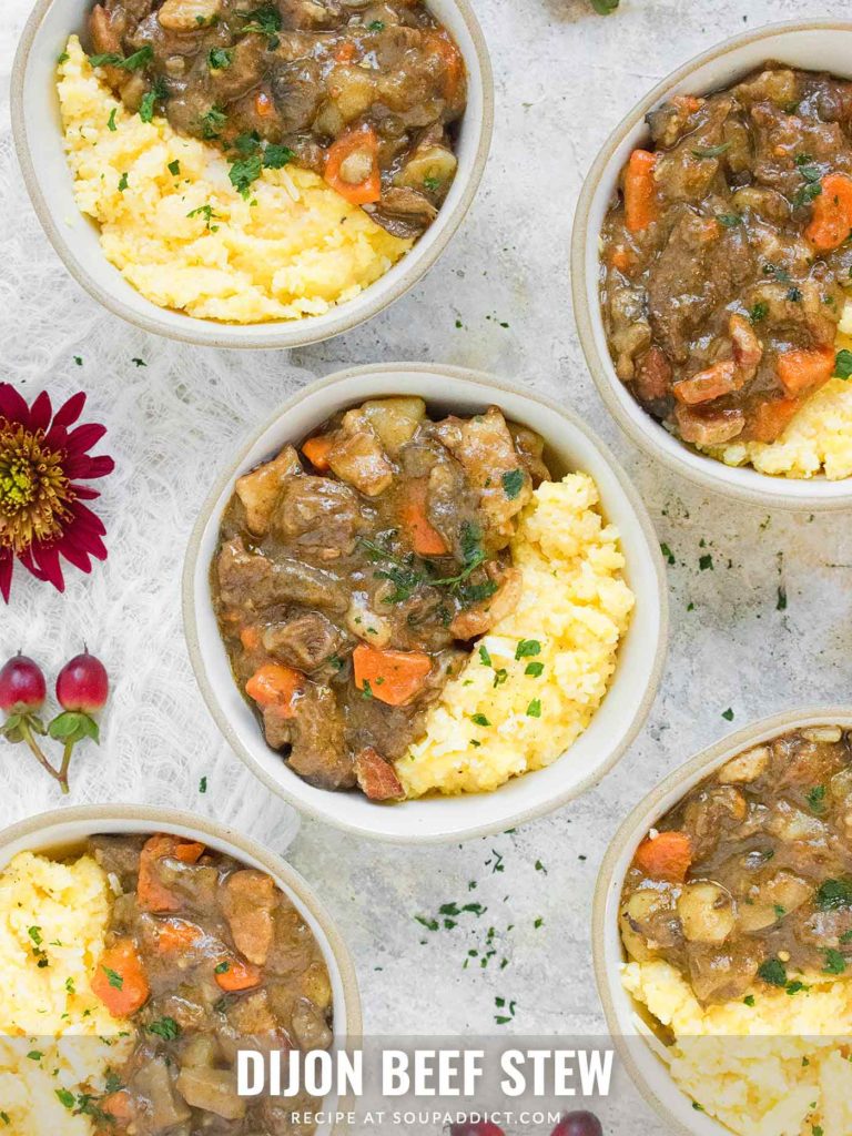 Close-up of a bowl of Dijon Beef Stew