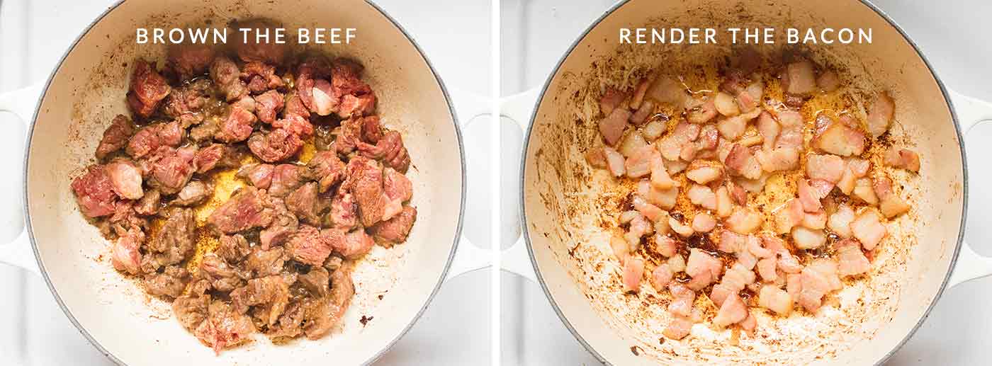 Steps 1 and 2 for making beef stew