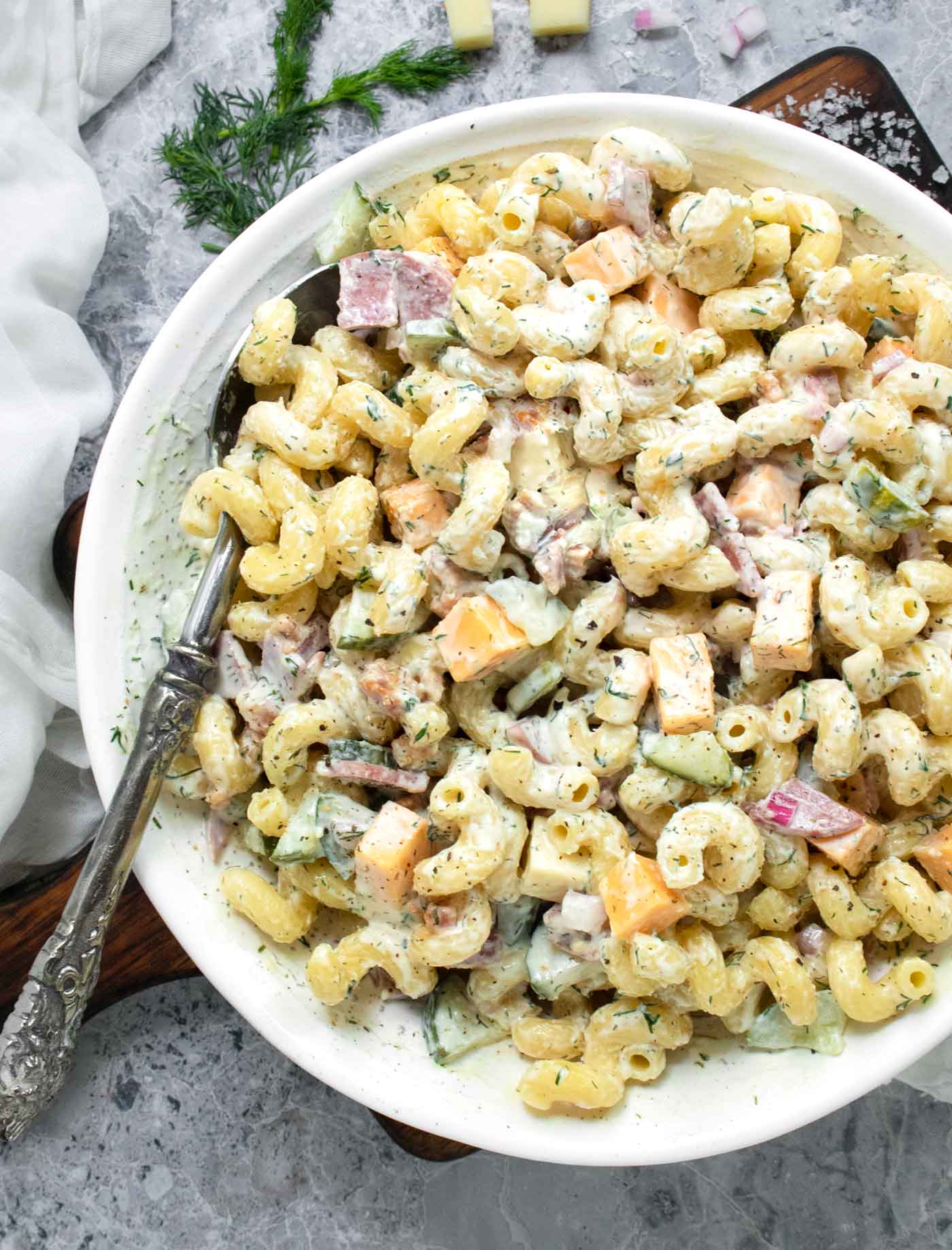 Overhead view of Dill Pickle Pasta Salad in a serving bowl.