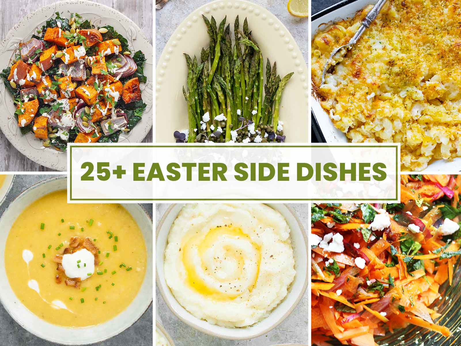 A collage of six photos featuring Easter side dish recipes.