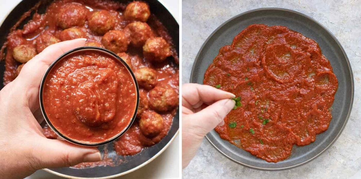 A duo photo: Pizza sauce in a dip bowl and swirled on a serving plate.