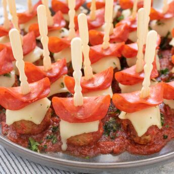 Close-up of Pizza Meatballs on a plate.