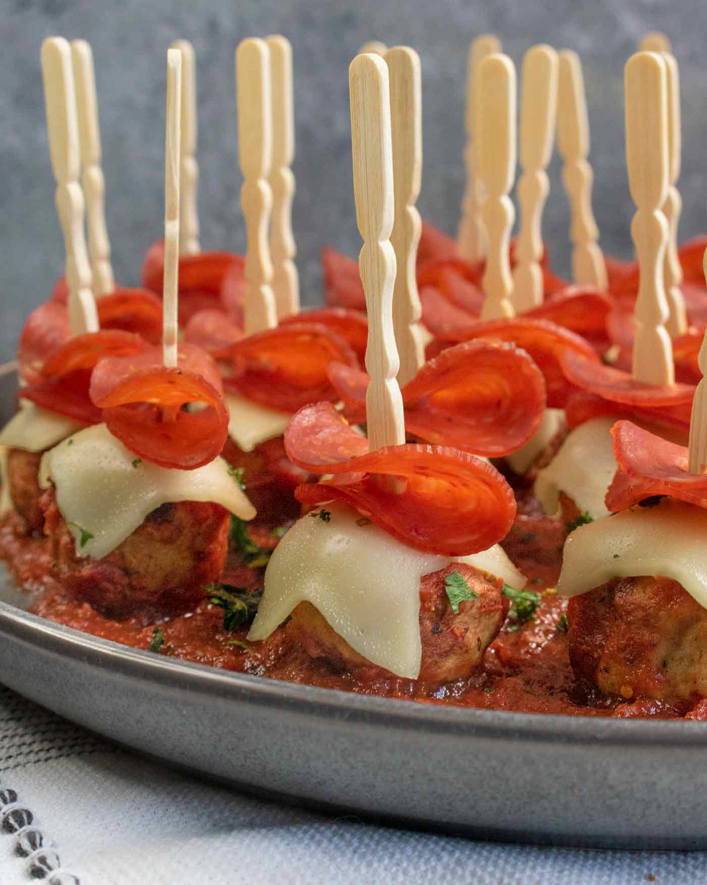 A plateful of Pizza Meatballs, ready to serve.