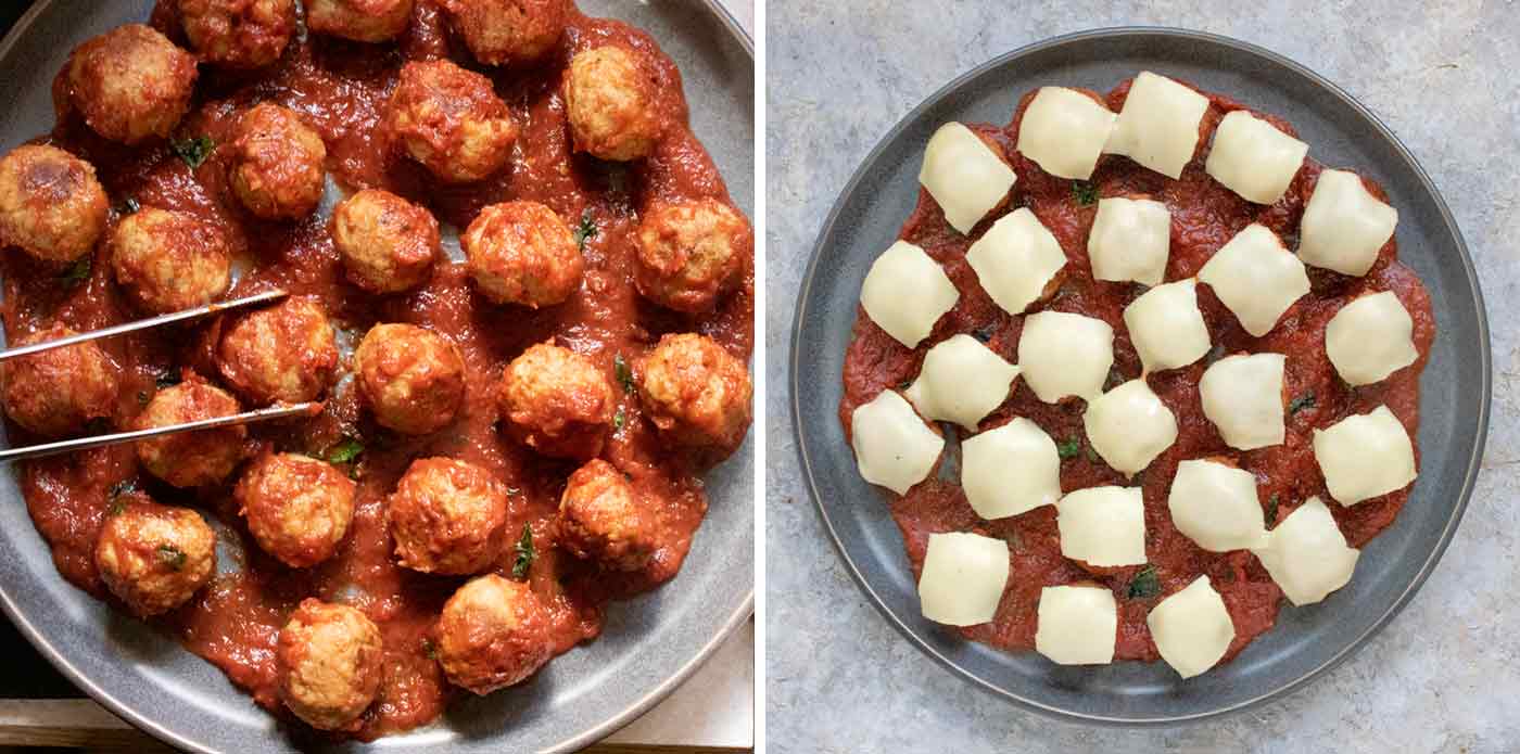 Transferring the meatballs to a serving plate and topping with cheese.