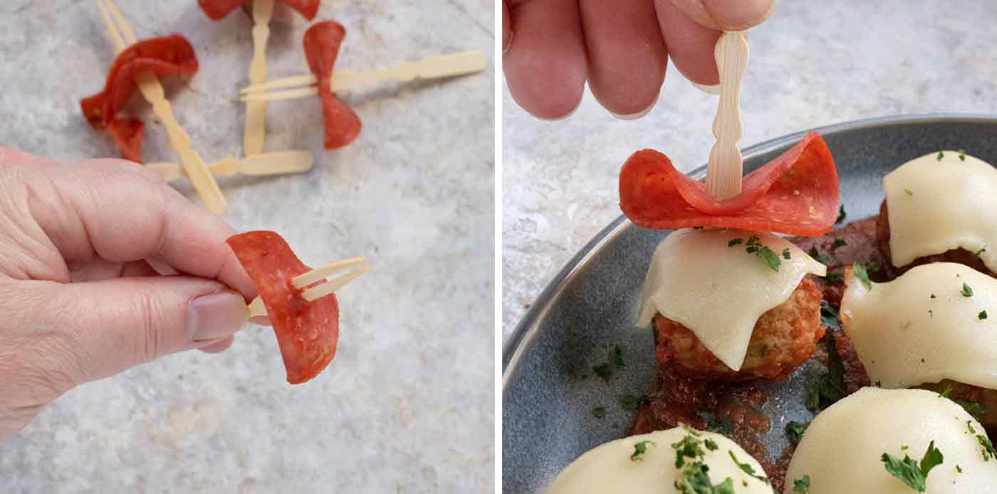 Step 4: thread the pepperonis onto the party picks and insert the picks into the meatballs.