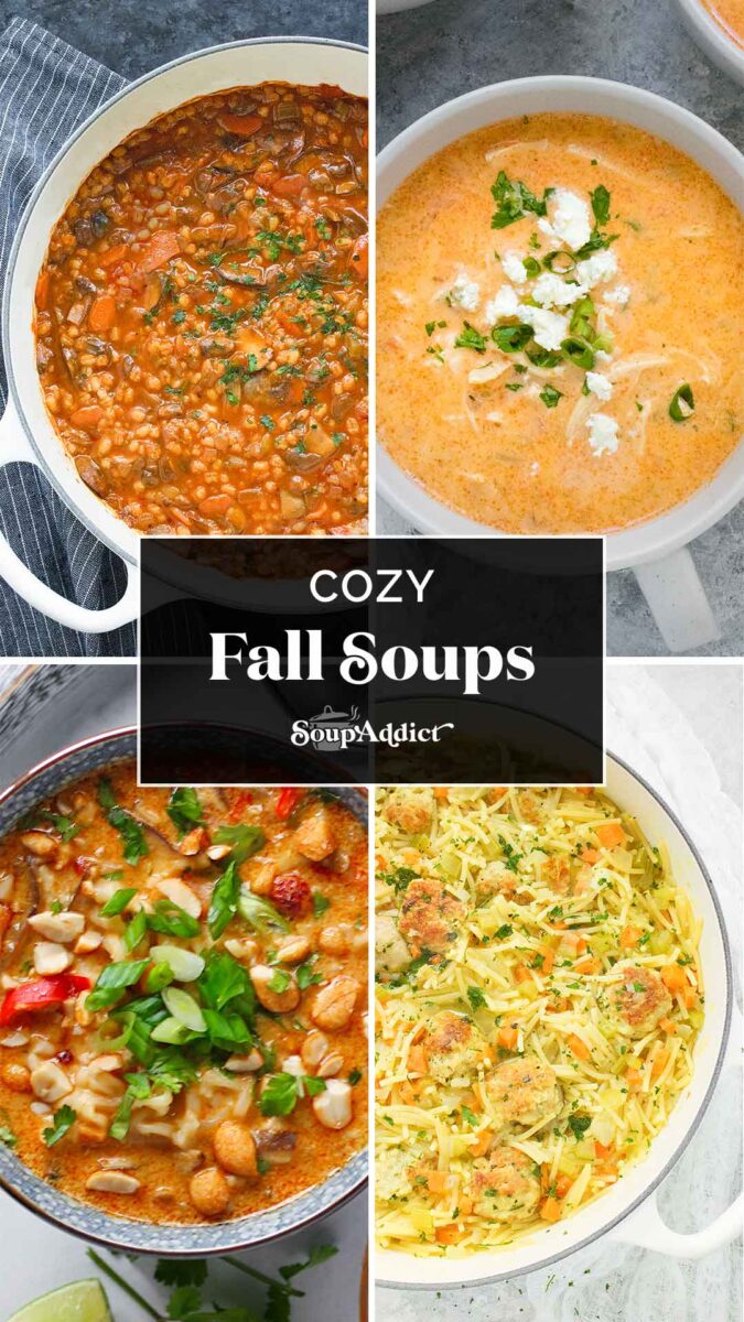 Pinterest pin image for a collection of Fall Soups recipes.
